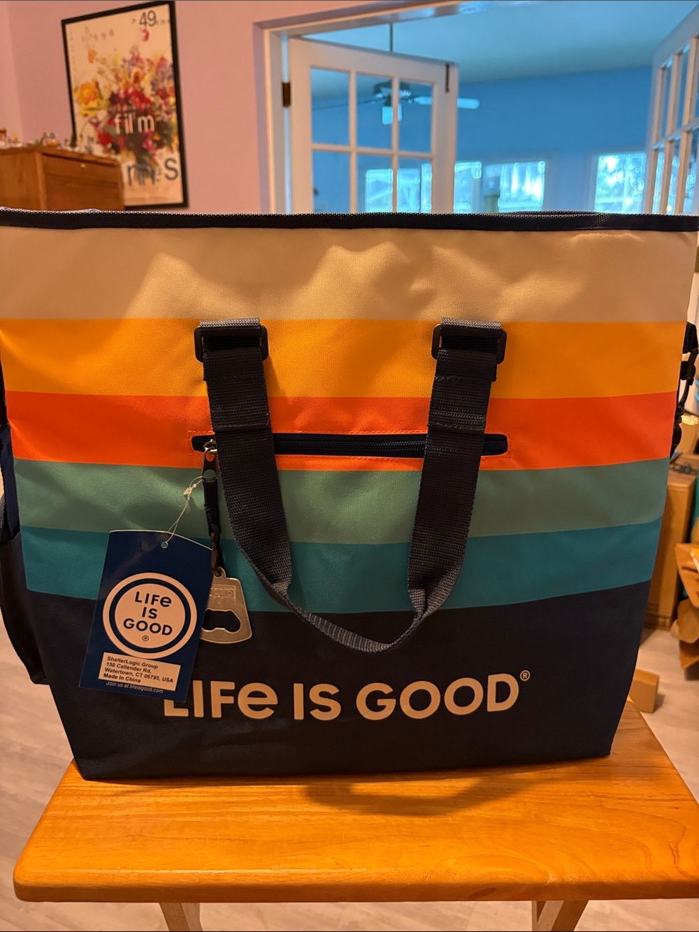 Life Is Good Colorblock Stripe Cooler Tote - Navy, Teal & Orange